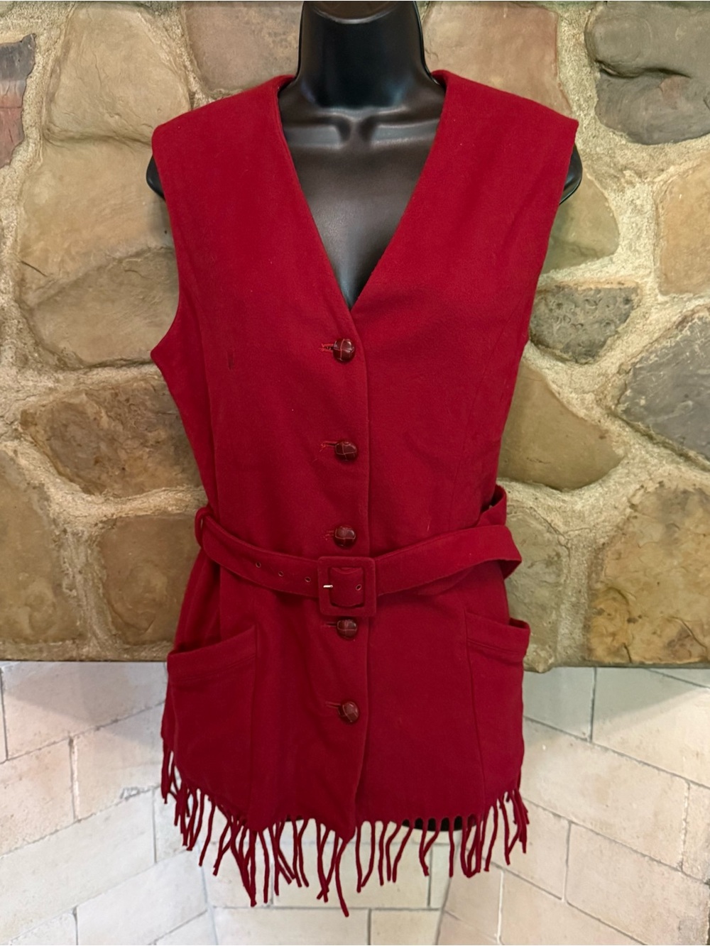 Vintage The Limited wool cashmere vest with fringe hem and belt red med western